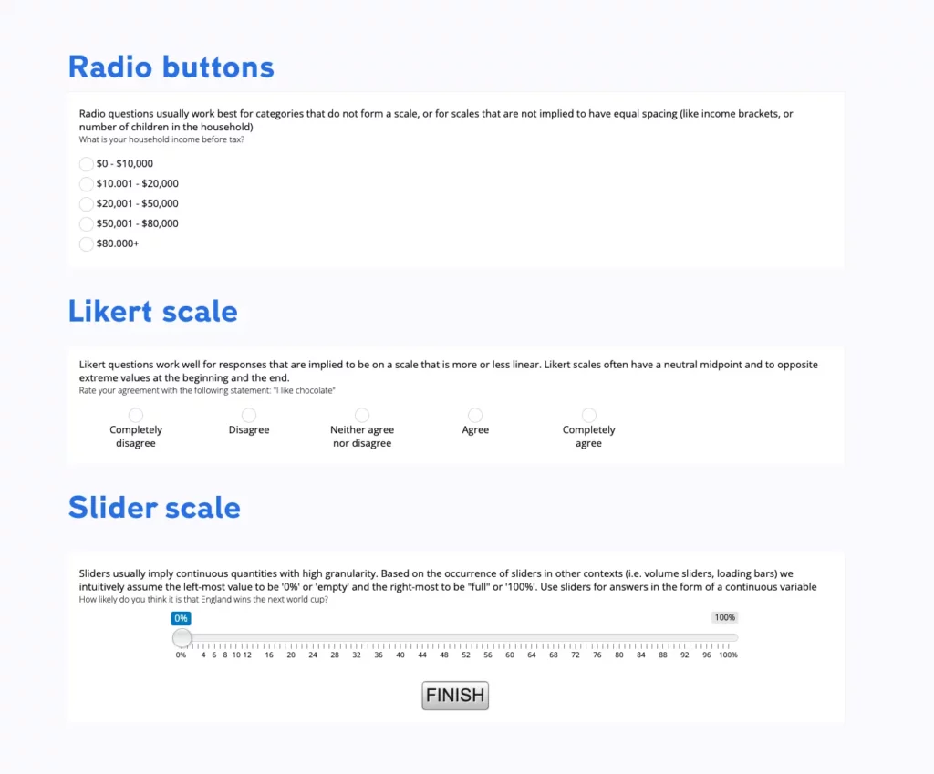 Image depicting a radio scale, a likert scale and a slider scale in a survey
