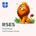 Illustration of a proud lion wearing a golden crown, sitting confidently amid sparkling stars and green grass, with the Testable logo and text "RSES Rosenberg Self-Esteem Scale"