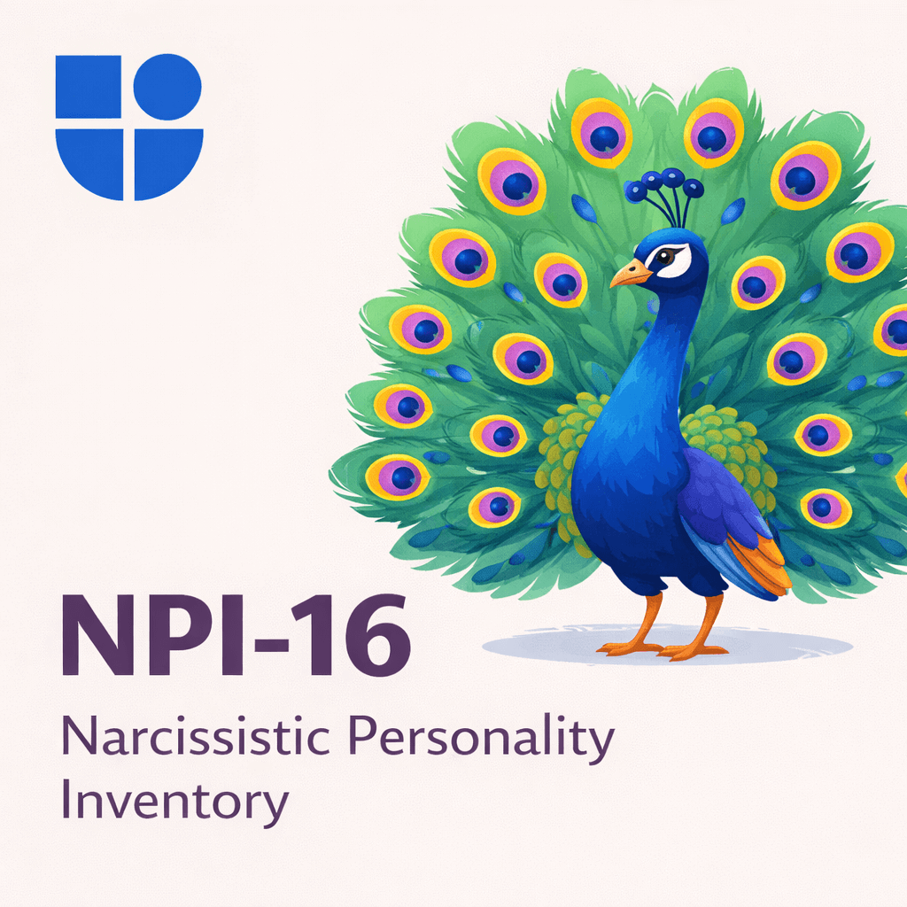 Illustration of a proud peacock displaying its vibrant, iridescent tail feathers in full fan, with the Testable logo and text "NPI-16 Narcissistic Personality Inventory"