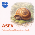 Illustration of a slow-moving snail with a golden-brown spiral shell crawling on wet green leaves in a misty forest setting, with the Testable logo and text "ASEX Arizona Sexual Experience Scale"