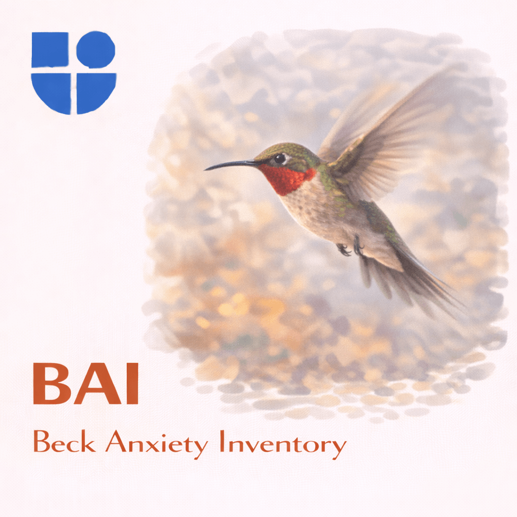 Illustration of a hummingbird with ruby-red throat and green plumage hovering in mid-flight with rapidly beating wings creating a blur, against a soft misty background, with the Testable logo and text "BAI Beck Anxiety Inventory"
