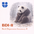 Illustration of a sad panda sitting hunched over in a misty bamboo forest with head lowered and eyes downcast, surrounded by gray fog, with the Testable logo and text "BDI-II Beck Depression Inventory-II"