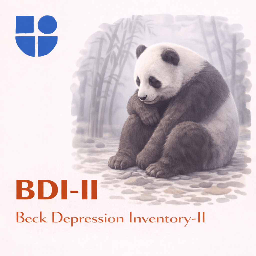 Illustration of a sad panda sitting hunched over in a misty bamboo forest with head lowered and eyes downcast, surrounded by gray fog, with the Testable logo and text "BDI-II Beck Depression Inventory-II"