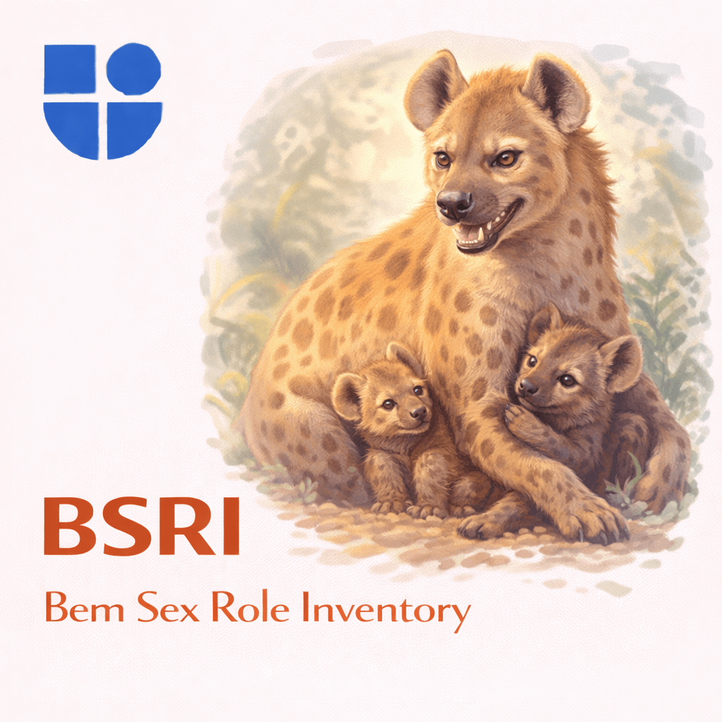 Illustration of a smiling hyena parent with two cubs nestled against its body in a natural savanna setting, depicting nurturing and caregiving behavior, with the Testable logo and text "BSRI Bem Sex Role Inventory"