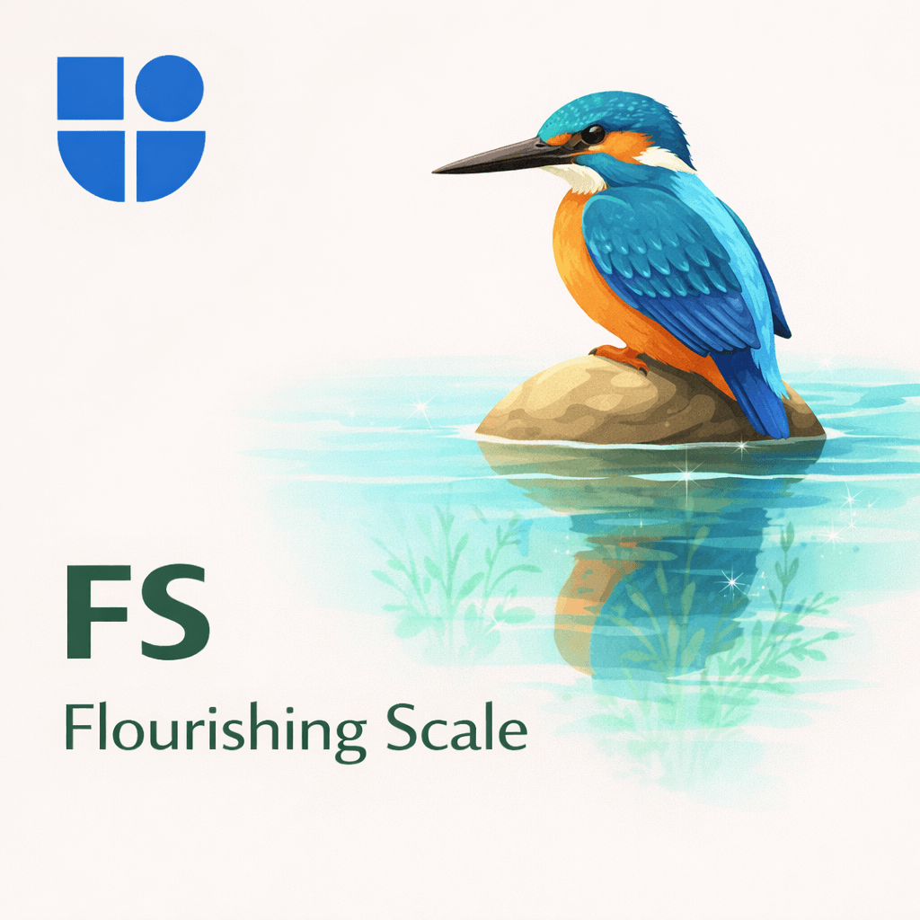 Illustration of a vibrant kingfisher with brilliant turquoise and orange plumage perched on a rock in clear water, with its reflection visible below, surrounded by aquatic plants and sparkles, with the Testable logo and text "FS Flourishing Scale"