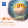 Illustration of an inflated pufferfish with angry expression and spiky exterior floating in blue-green underwater environment with shadowy fish in background, with the Testable logo and text "HSNS Hypersensitive Narcissism Scale"