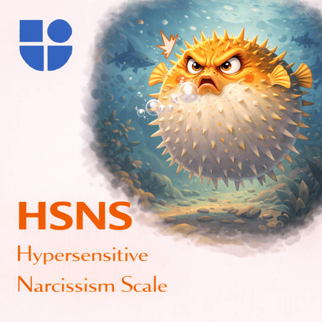 Illustration of an inflated pufferfish with angry expression and spiky exterior floating in blue-green underwater environment with shadowy fish in background, with the Testable logo and text "HSNS Hypersensitive Narcissism Scale"