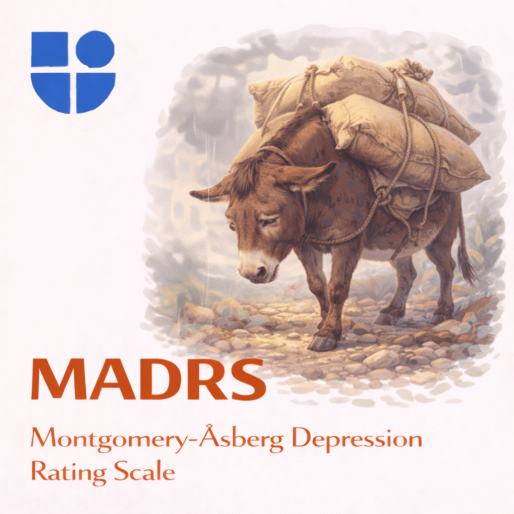Illustration of a weary donkey with downcast head and closed eyes carrying heavy bundles of supplies tied with rope, walking through gray misty terrain, with the Testable logo and text "MADRS Montgomery-Åsberg Depression Rating Scale"