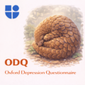 Illustration of a pangolin curled into a protective ball with overlapping brown scales covering its entire body, tucked into itself in a misty forest setting, with the Testable logo and text "ODQ Oxford Depression Questionnaire"