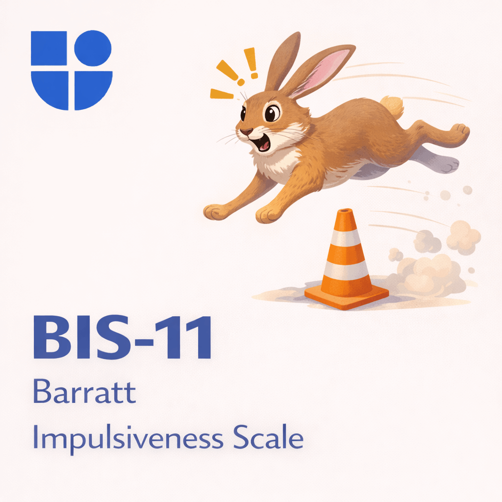 Illustration of a startled brown rabbit sprinting at high speed past an orange traffic cone, with motion lines and exclamation marks above its head, with the Testable logo and text "BIS-11 Barratt Impulsiveness Scale"