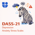 Illustration of a sad zebra sitting in a puddle under a dark storm cloud with lightning, surrounded by symbols of confusion, anger, and warning, with the Testable logo and text "DASS-21 Depression Anxiety Stress Scales"