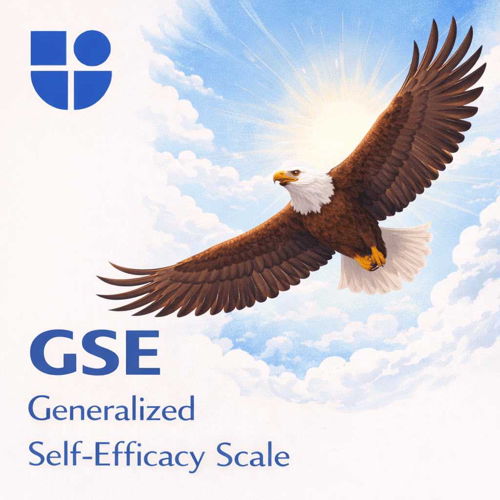 Illustration of a powerful bald eagle soaring high with outstretched wings against a bright sky and radiant sunburst, with the Testable logo and text "GSE Generalized Self-Efficacy Scale"