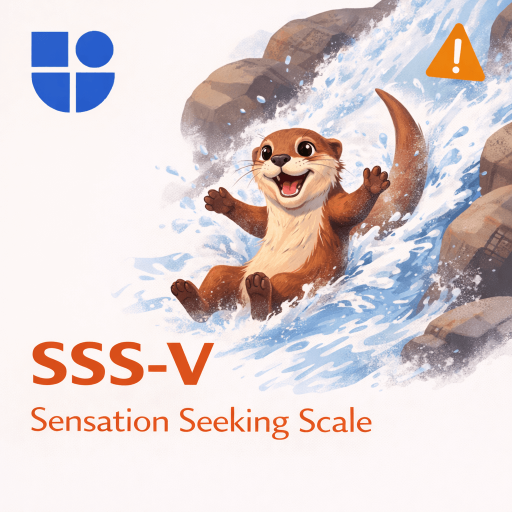 Illustration of an excited otter joyfully sliding down a rushing waterfall with arms raised, water splashing everywhere, and an orange warning triangle exclamation mark above, with the Testable logo and text "SSS-V Sensation Seeking Scale"