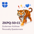 Illustration of a fierce tiger striding forward with an intense expression, surrounded by symbols of excitement, surprise, question marks, a sleeping heart, and emotional sparks, with the Testable logo and text "ZKPQ-50-CC Zuckerman-Kuhlman Personality Questionnaire"