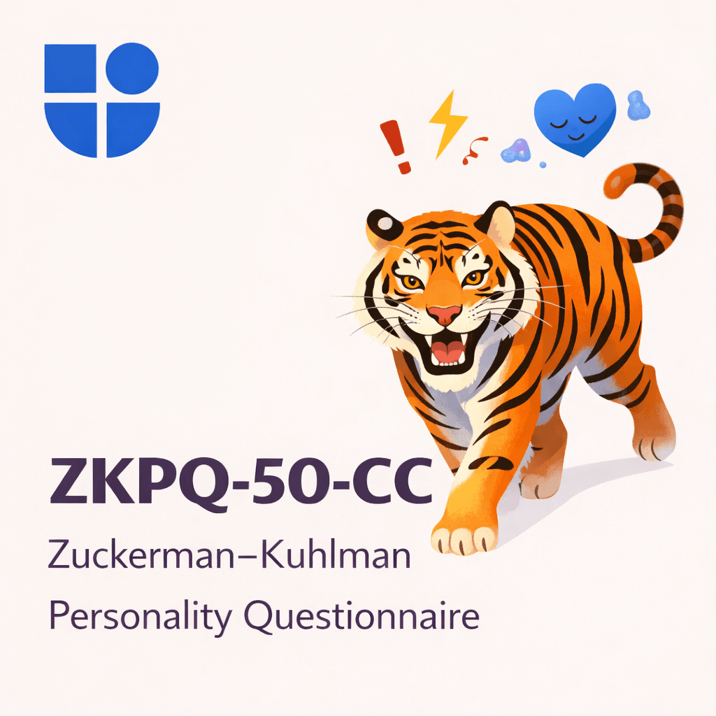 Illustration of a fierce tiger striding forward with an intense expression, surrounded by symbols of excitement, surprise, question marks, a sleeping heart, and emotional sparks, with the Testable logo and text "ZKPQ-50-CC Zuckerman-Kuhlman Personality Questionnaire"