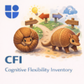 Illustration of two armadillos at a crossroads with multiple directional wooden signs, one armadillo curled in a defensive ball and another standing alert and ready to move, with a glowing lightbulb and question mark cloud above, surrounded by daisies, with the Testable logo and text "CFI Cognitive Flexibility Inventory"